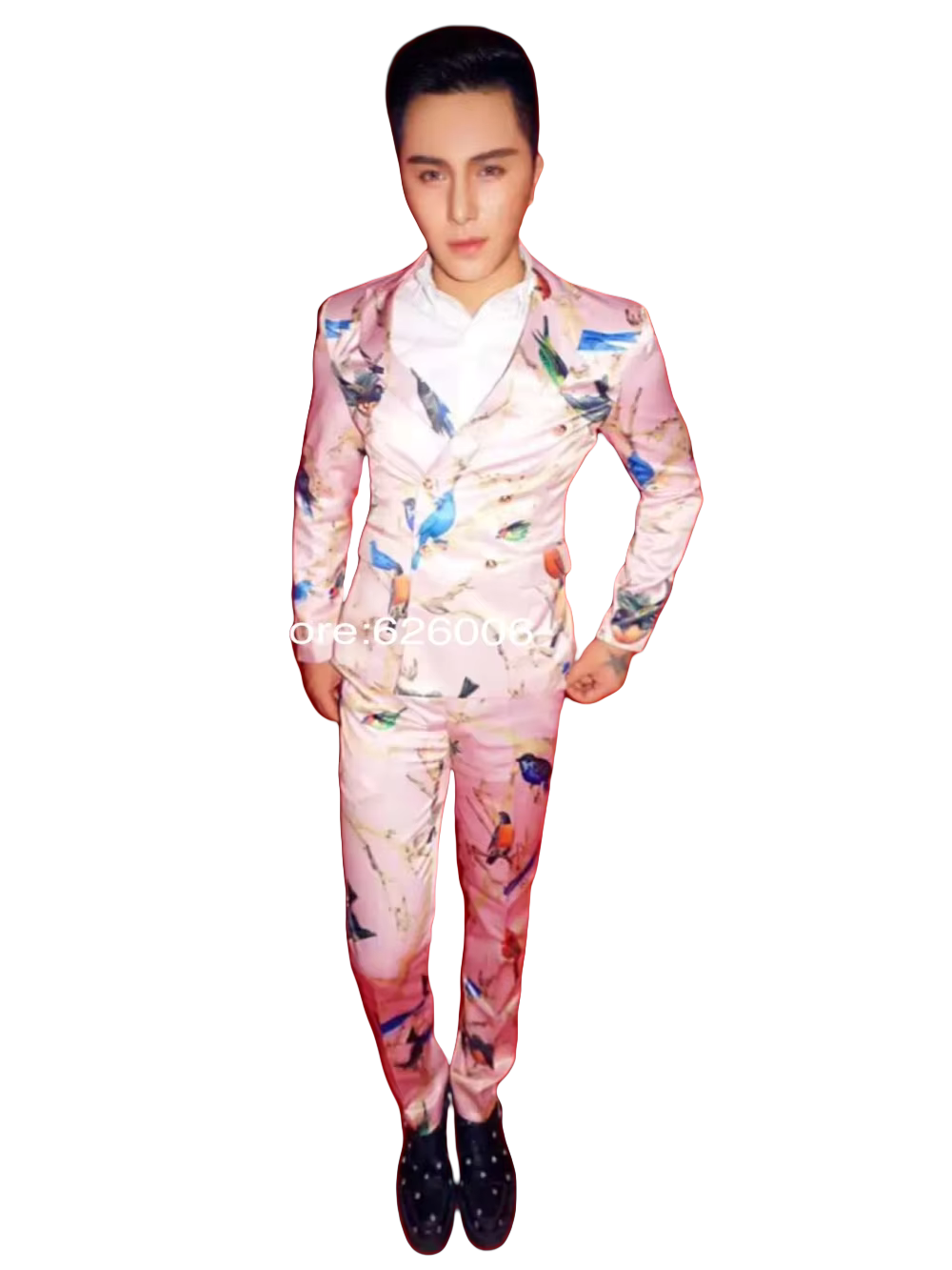 Men Formal Party Wear Dress - Men's Fashion Flower Pink Birds Print