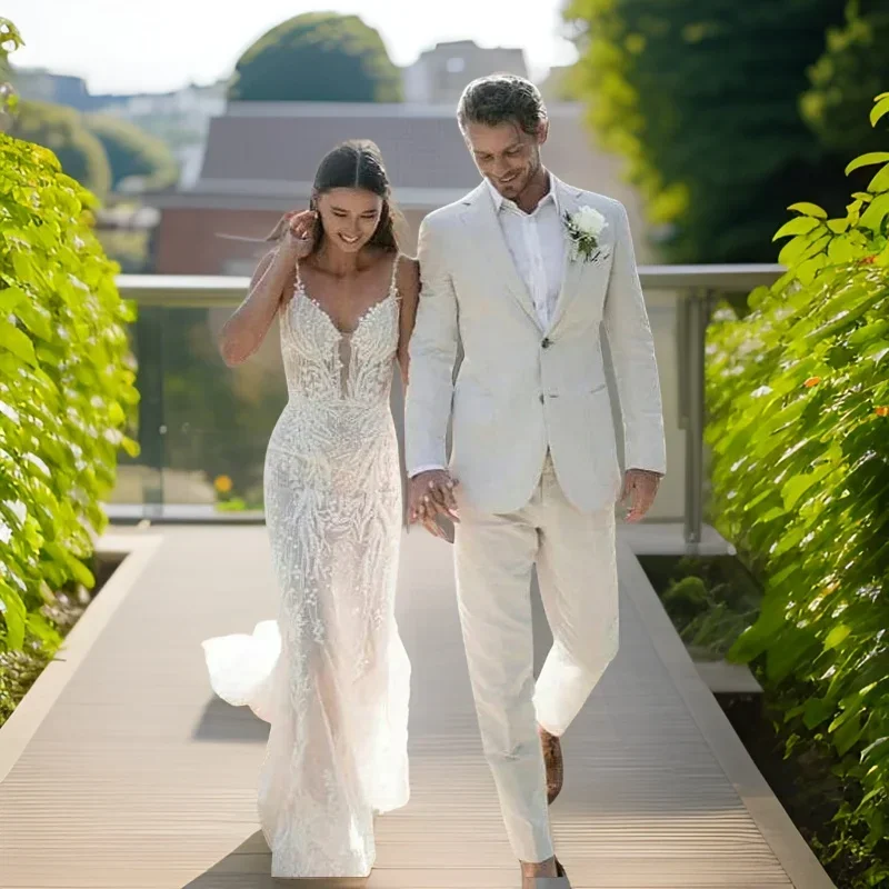 Men Formal Wear Modern - Linen Wedding Tuxedo For Men Summer
