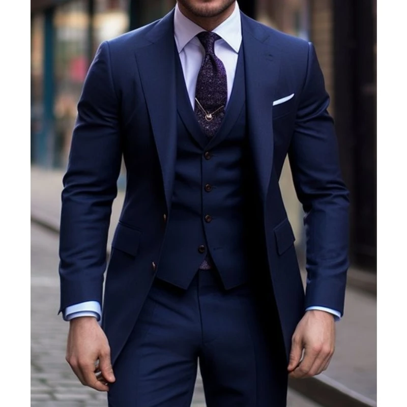 Navy Blue 3 Pieces Casual Male - đánh giá và giá Men Formal Wear Wedding