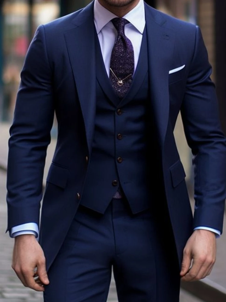 Navy Blue 3 Pieces Casual Male - đánh giá và giá Men Formal Wear Wedding